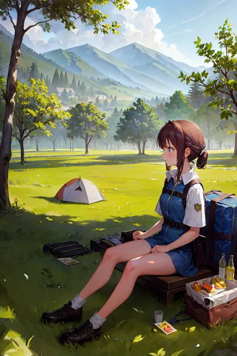 Masterpiece, highres, girl, (travel lady), forest, trees, mounts, tent, picnic, adventure