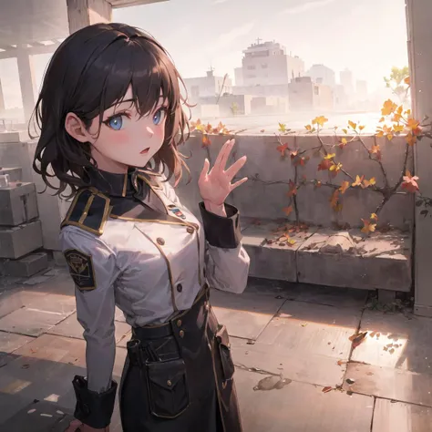 highres, absurdres, double exposure, high contrast, detailed background, artistic,
night, evening, dusk, sunset, dark,
1girl, beautiful eyes, military, waving goodbye, looking at viewer, medium shot, black hair, (masterpiece), (best quality), ultra-detailed, illustration, photorealistic
