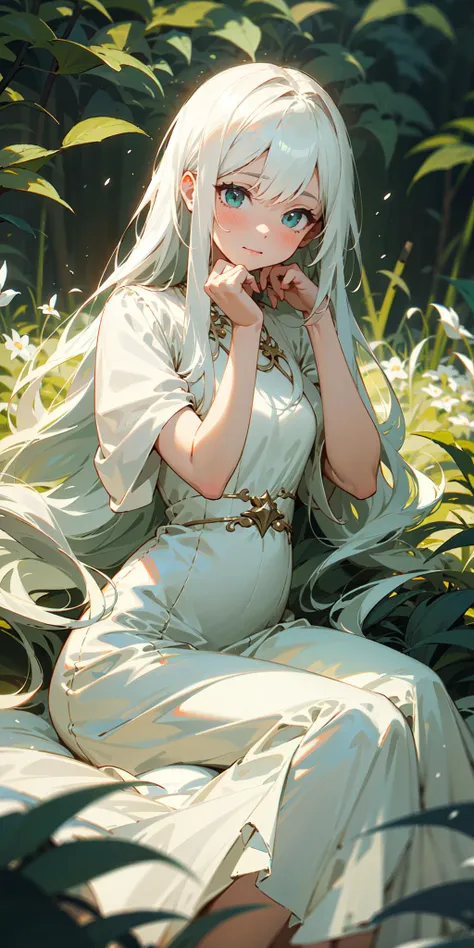 (masterpiece, best quality),1girl with long white hair sitting in a field of green plants and flowers, her hand under her chin, warm lighting, white dress, blurry foreground