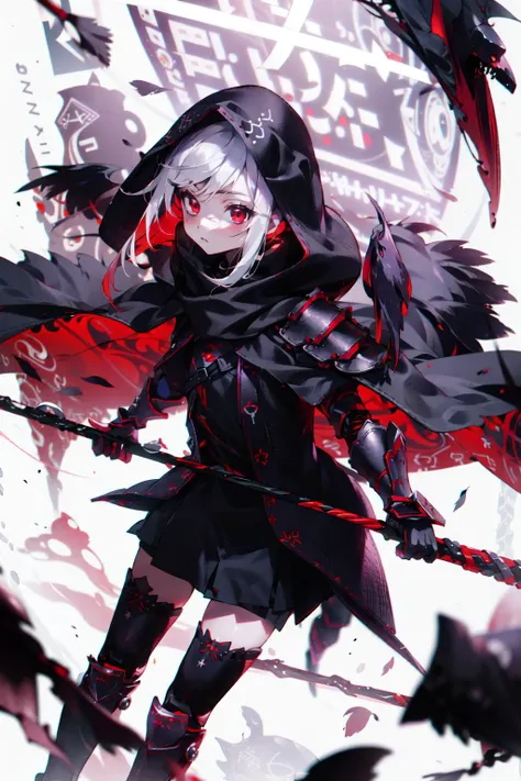 ((masterpiece, best quality, bright-red digital runes, drawing)), (solo girl, black wind hair cute detailed bright red eyes, black leather mask face:1.5, black chest armor and elbow armor, skirt:1.2, black inner clothes, knee pads, stockings, hooded black cloak), 
grim-reaper-girl swinging a purple bright digital runes chaos curse magic-scythe, black raven feathers, <lora:abstractor_yiu_v10:0.8>