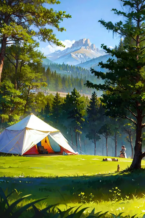 Masterpiece, highres, girl, (travel lady), forest, trees, mounts, tent, picnic, adventure