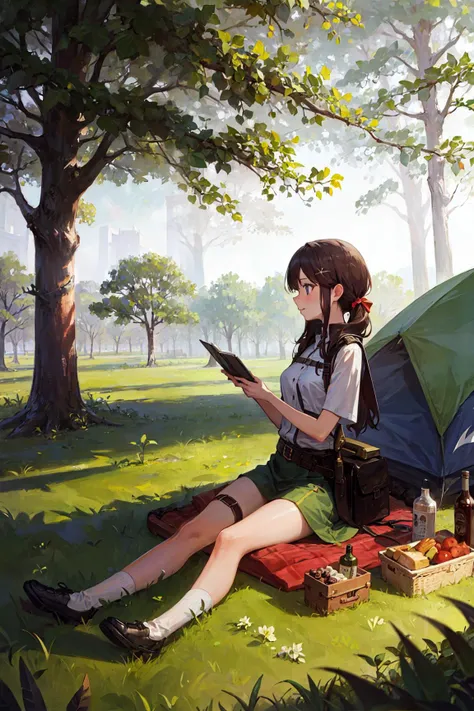 Masterpiece, highres, girl, (travel lady), forest, trees, mounts, tent, picnic, adventure