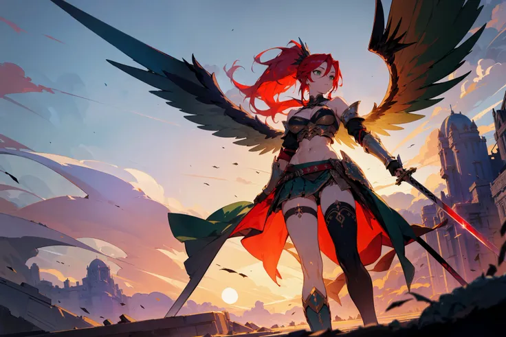 (masterpiece, top quality, best quality, beautiful and aesthetic:1.3, valkyrie, lady warrior, green eyes, red hair, battlefield background, smoke, swords, armor, fantasy, battle), illustration, beautiful detailed eyes, 1 woman, going, walking, double wings, long hair, high ponytail, bare shoulders, (loose thighhigh), medium breasts, cleavage, sideboob, lowleg skirt, navel, skirt, thighs, gloves, big wings, (abs:0.8), sunset
