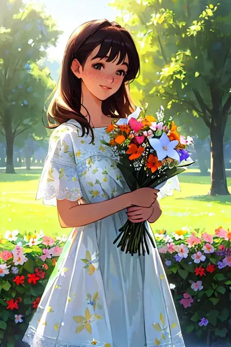 best quality, masterpiece, ultra high res, photorealistic, a cute 25 y.o. woman, (white dress with flowers print), holding flowers in hands, freckles, playful, happy, smiling, detaild skin, skin pores, garden with trees and flowers and grass, sunlight, warm light, fuzzy light, mist, intricate details, long shot