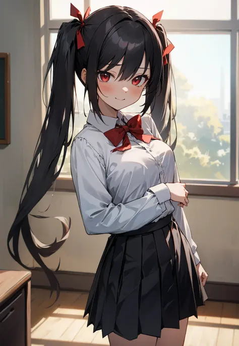 (masterpiece, best quality),ray tracing,absurdres, HDR,1girl, bangs, black hair, twintails, very_long_hair, black_skirt, blush, bow, bowtie,breasts, depth_of_field, hair_between_eyes, hair_ribbon, indoors, , long_sleeves, looking at viewer, , pleated_skirt, red bow, red bowtie, red_eyes, red ribbon, school_uniform, shirt, sidelocks, pleated skirt, solo, white_shirt,cowboy shot,happy,cute face,natural light