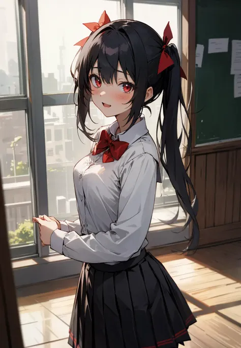 (masterpiece, best quality),ray tracing,absurdres, HDR,1girl, bangs, black hair, twintails, very_long_hair, black_skirt, blush, bow, bowtie,breasts, depth_of_field, hair_between_eyes, hair_ribbon, indoors, , long_sleeves, looking at viewer, , pleated_skirt, red bow, red bowtie, red_eyes, red ribbon, school_uniform, shirt, pleated skirt, solo, white_shirt,cowboy shot,happy,,natural light