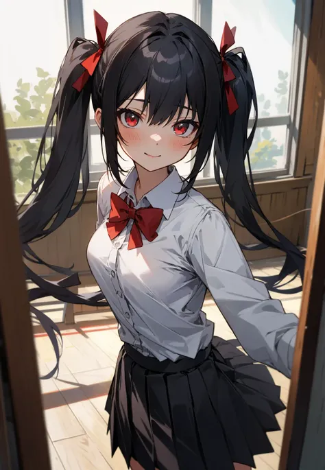 (masterpiece, best quality),ray tracing,absurdres, HDR,1girl, bangs, black hair, twintails, very_long_hair, black_skirt, blush, bow, bowtie,breasts, depth_of_field, hair_between_eyes, hair_ribbon, indoors, , long_sleeves, looking at viewer, , pleated_skirt, red bow, red bowtie, red_eyes, red ribbon, school_uniform, shirt, pleated skirt, solo, white_shirt,cowboy shot,happy,cute face,natural light