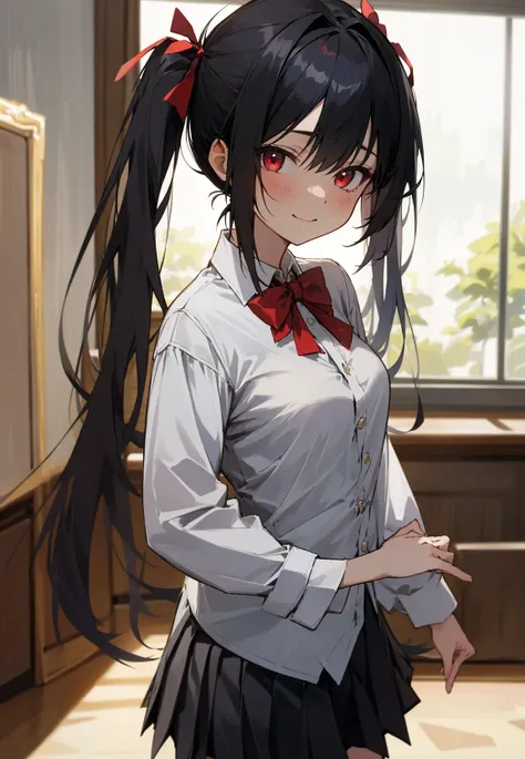 (masterpiece, best quality),ray tracing,absurdres, HDR,1girl, bangs, black hair, twintails, very_long_hair, black_skirt, blush, bow, bowtie,breasts, depth_of_field, hair_between_eyes, hair_ribbon, indoors, , long_sleeves, looking at viewer, , pleated_skirt, red bow, red bowtie, red_eyes, red ribbon, school_uniform, shirt, sidelocks, pleated skirt, solo, white_shirt,cowboy shot,happy,cute face,natural light