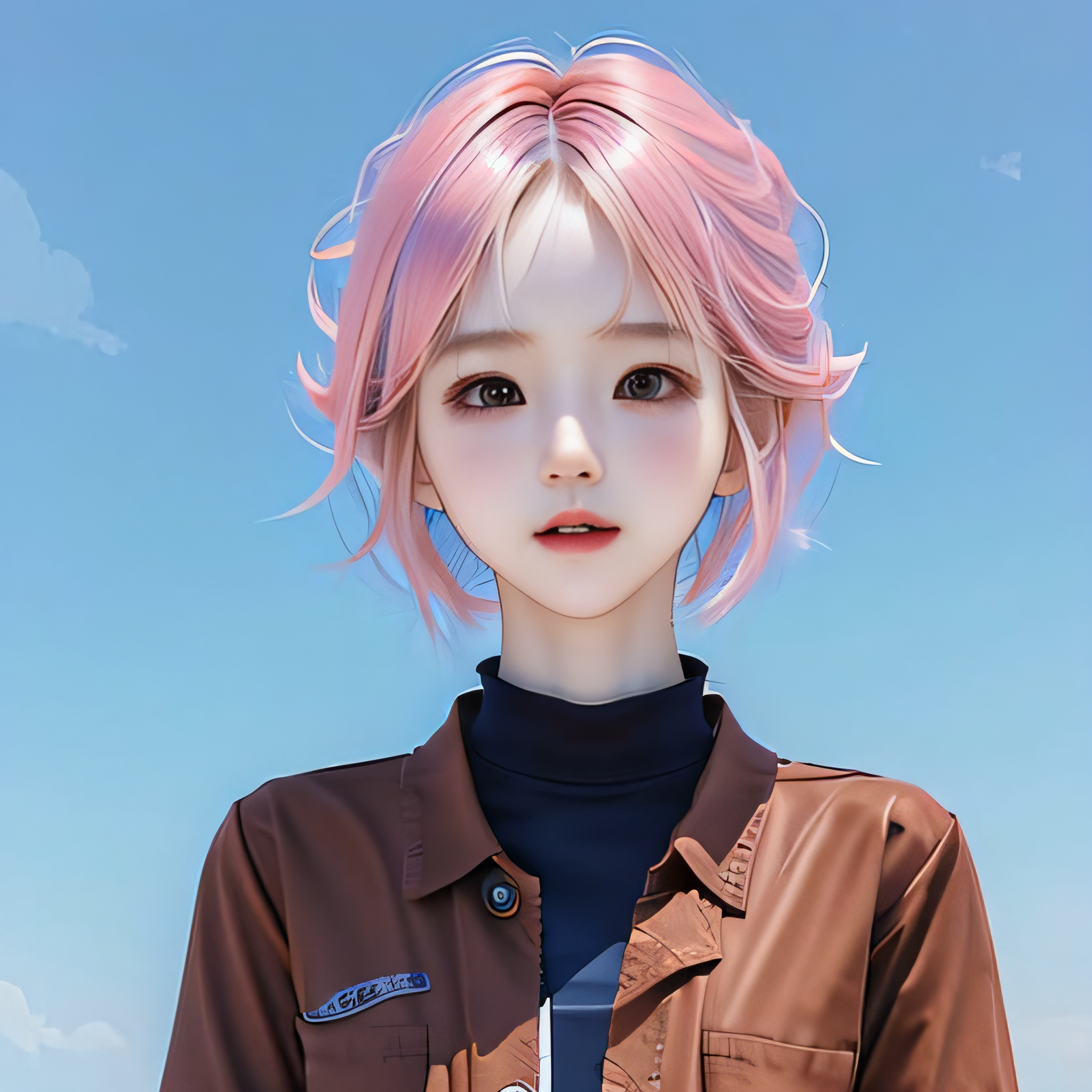 A close up of a person with pink hair and a brown jacket - SeaArt AI