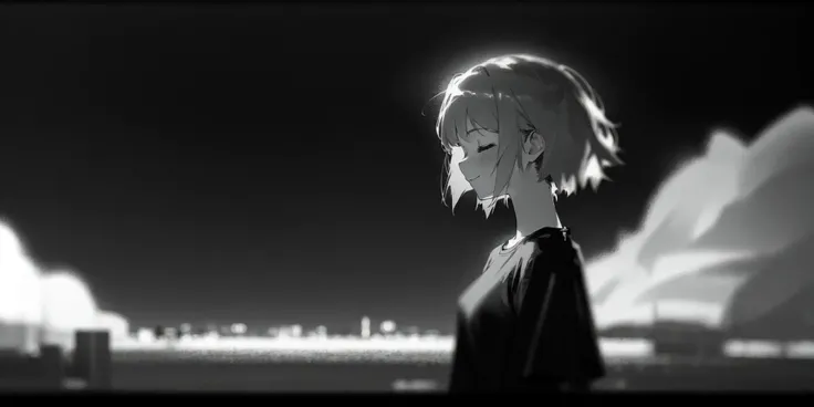(masterpiece, best quality), 1girl, solo, night, arizona, empty desert highway, night vision footage, greyscale, monochrome, letterboxed, closed eyes, looking at the camera, smiling, short hair, hippie, t shirt, upper body, from side, blurry, vegetation, depth of field