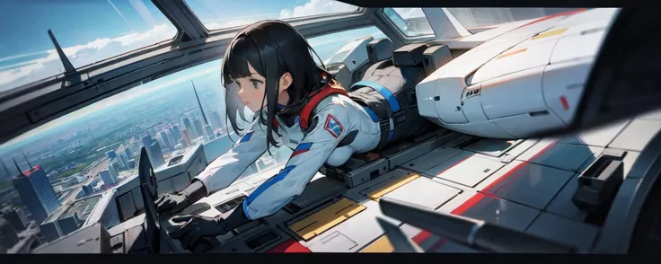 1girl, solo, from bolew, Front view, in fighter jet cockpit, masterpiece, best quilty, high quilty, Plug Suit, looking away, black_hair, high altitude, the portrayal of the city outside the floor-to-ceiling windows background.
