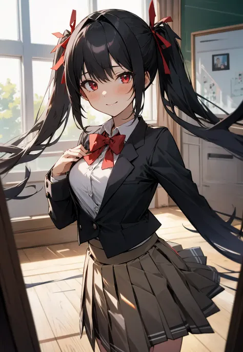 (masterpiece, best quality),ray tracing,absurdres, HDR,1girl, bangs, black hair, twintails, very_long_hair, black_skirt, blush, bow, bowtie,breasts, depth_of_field, hair_between_eyes, hair_ribbon, indoors, , long_sleeves, looking at viewer, , pleated_skirt, red bow, red bowtie, red_eyes, red ribbon, school_uniform, shirt, sidelocks, pleated skirt, solo, white_shirt,cowboy shot,happy,cute face,natural light