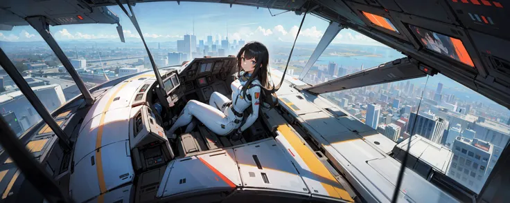 1girl, solo, from bolew, Front view, (in fighter jet cockpit), masterpiece, best quilty, high quilty, highres, Plug Suit, looking at viewer, black_hair, long hair, high altitude, the portrayal of the city outside the floor-to-ceiling windows background.