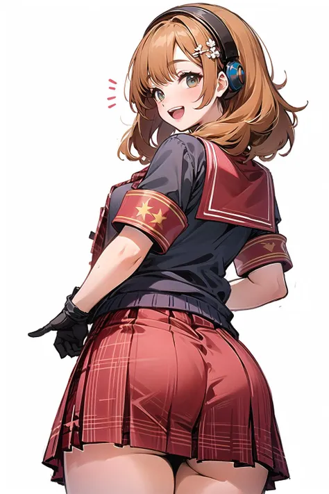 1girl,excellent lighting, sidelighting,(curvy:1.2),original outfit, ass pov,from behind,original outfit, 1girl, solo, skirt, smile, jacket, white background, red skirt, open mouth, simple background, black gloves, looking at viewer, armband, cardigan, plaid skirt, school uniform, :d, pleated skirt, plaid,
 <lora:howatype89-pynoiseloha:1>