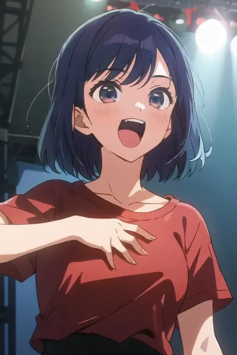 <lora:kurokawa_akane_v6-000002:0.5>, masterpiece, best quality, kurokawa_akane, 1girl, solo, open_mouth, shirt, collarbone, upper_body, short_sleeves, teeth, hand_on_own_chest, t-shirt, red_shirt, stage, concert