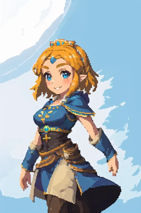 ((masterpiece,best quality)),<lora:zelda_shorthair_v5:0.4>,zelda\(princess\), 1girl, solo, breasts,short_hair,dress,portrait,looking at viewer,smile,8k wallpaper,in the lake,black_cape,close up, <lora:pixel_5:0.7>,pixel_art