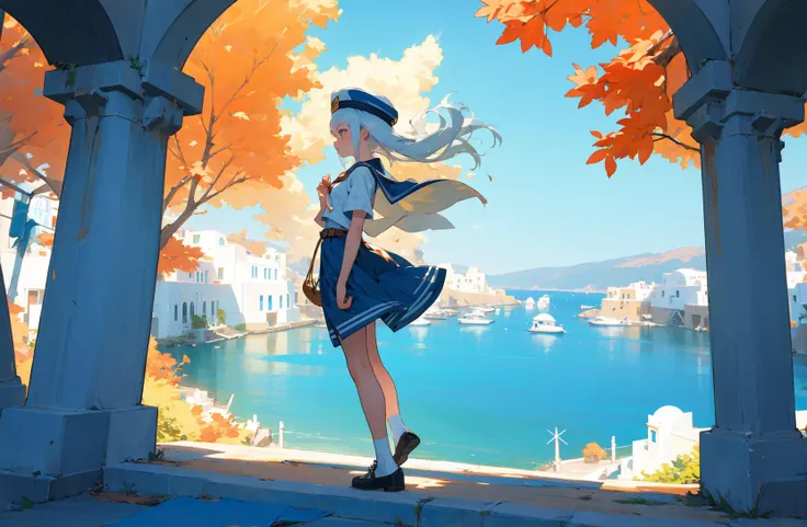 masterpiece, best quality, artbook, scenery, sunlight, clear sky, santorini , wind, 1girl, from side, short blue white hair, short white sailor dress, sailor hat, colorful, high brightness, 