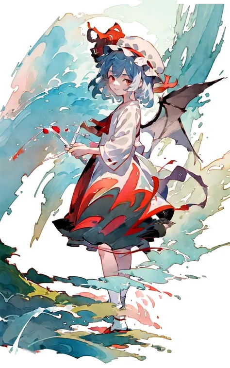 masterpiece, best quality, painting,
(watercolor painting:1.3), (shukezouma, negative space:1.6),
(MoXin, shuimobysim, ink wash, chinese ink painting:1.5),
one girl, pretty, western girl, (remilia scarlet:1.3), smile,
intricate eyes, heavy eye makeup,
mob cap, wings, ribbon,frilled shirt collar, short sleeves,
blue hair,red eyes,ascot,pink dress, bare calf,
standing, looking at viewer, body facing front, full body,
detailed background, rose, night, moon, star,
WUCHANGSHUO, BONIAN, ZHENBANQIAO, BADASHANREN
