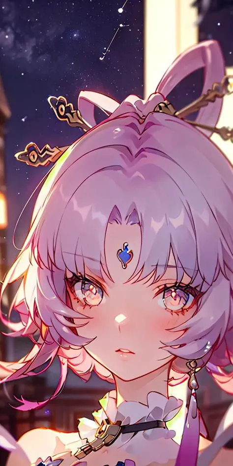 (masterpiece, best quality),1girl, warm lighting, blurry foreground,<lora:fuxuanStarrailV2.5:1>, starry sky, night sky, blushing, staring into the sky, close up to face, eyes  reflecting sky