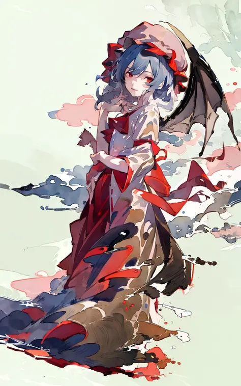 masterpiece, best quality, painting,
(water color painting:1.3), (shukezouma, negative space:1.6),
(MoXin, shuimobysim, ink wash, chinese ink painting:1.6),
one girl, pretty, western, (remilia scarlet:1.3), smile,
intricate eyes, heavy eye makeup,
1girl,mob cap, wings, ribbon,frilled shirt collar, short sleeves,
blue hair,red eyes,ascot,pink dress,
peaceful, standing, looking at viewer, facing front, (full body:1.2),
detailed background, night, moon, star, darkness, (song, poem, verse, stamp:1.2),
WUCHANGSHUO, BONIAN, ZHENBANQIAO, BADASHANREN