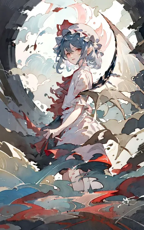 masterpiece, best quality, painting,
(watercolor painting:1.3), (shukezouma, negative space:1.6),
(MoXin, shuimobysim, ink wash, chinese ink painting:1.5),
one girl, pretty, western girl, (remilia scarlet:1.3),
intricate eyes, heavy eye makeup,
mob cap, wings, ribbon,frilled shirt collar, short sleeves,
blue hair,red eyes,ascot,pink dress, bare calf,
standing, looking at viewer, body facing front, full body,
(detailed background, rose, night, moon, star, castle in background:1.2),
WUCHANGSHUO, BONIAN, ZHENBANQIAO, BADASHANREN