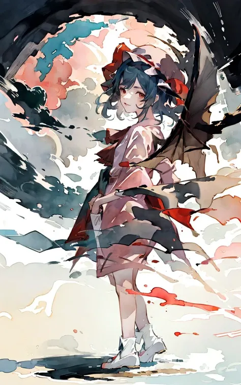 masterpiece, best quality, painting,
(watercolor painting:1.3), (shukezouma, negative space:1.6),
(MoXin, shuimobysim, ink wash, chinese ink painting:1.5),
one girl, pretty, western girl, (remilia scarlet:1.3), smile,
intricate eyes, heavy eye makeup,
mob cap, wings, ribbon,frilled shirt collar, short sleeves,
blue hair,red eyes,ascot,pink dress, bare calf,
standing, looking at viewer, body facing front, full body,
detailed background, rose, night, moon, star,
WUCHANGSHUO, BONIAN, ZHENBANQIAO, BADASHANREN