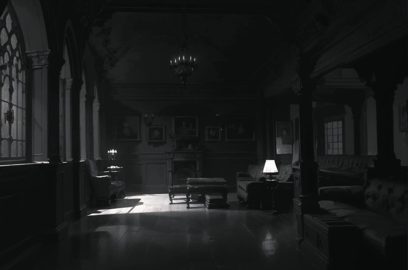 masterpiece, best quality, an empty tavern common room, bitdstyle, no humans, Victorian architecture, intricate background, (dimly lit by electric lights:1.2), monochrome <lora:inthedark-b2:0.8>