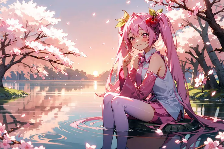 <lora:hatsunemiku1:0.7>, sakuramiku, upper body, smile, blush, sitting, ((cherry blossoms)), ((pink sleeve)), pink tone, ((pink stockings)), pink sky, sunset, lake, reflection
