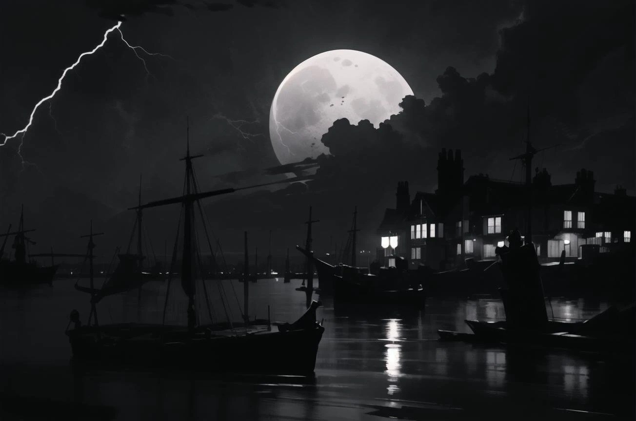 masterpiece, best quality, city docks on the edge of an ink black ocean, Victorian architecture, intricate background, night time, dimly lit by the full moon, (thunderstorm:1.15) in background, monochrome <lora:inthedark-b2:0.75>