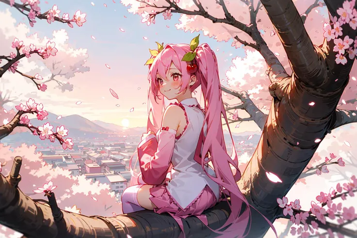 <lora:hatsunemiku1:0.7>, sakuramiku, upper body, smile, blush, sitting, from behind, ((cherry blossoms)), sitting in tree, ((pink sleeve)), full body, pink tone, ((pink stockings)), pink sky, looking away, sunset,