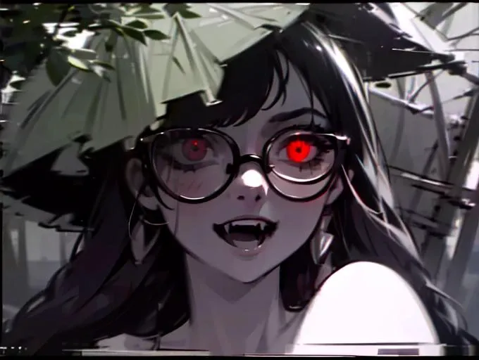 masterpiece,best quality,absurdres
,1girl, red eyes, solid eyes, wide-eyed, eyelashes, horror theme, fangs,head tilt, facing viewer,witch hat,eye glasses, twin braids, black hair, long hair ,huge breasts,VHS,glitch,monochrome, VHS footage of,rain, tree branch, <lora:VHS3:1>