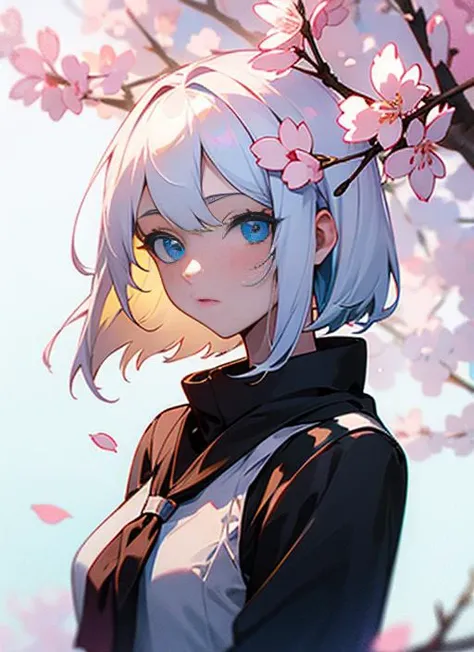 best quality, masterpiece, ultra high res,1girl, white hair, cherry blossoms, white background, blue sky, looking at viewer, hair flower, upper body, blue eyes,