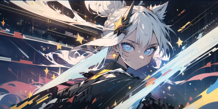 cat ears, nekomimi, cat girl, cute, hair ornament, black choker, abstract, <lora:midjourney_20230624181825:1>, midjourney, (masterpiece:1.2), best quality, white hair, small single low bun, cyberpunk, (low bun:1.3), (ponytail:0.7), (adult:1.2), chignon,  <lora:Helltaker:0.4>, streetwear, (elegant:1.3), elegance, (imperial:1.3), cyberpunk city, (galactic:1.4), (celestial:1.3), palace, imperial palace, stars, galaxies, night sky, city background, buildings,