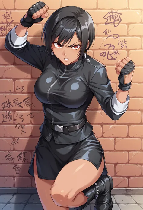 score_9, score_8_up, score_7_up, source_anime, 1girl, solo, looking at viewer, pbNaomi, tan skin, black hair, biker clothes, long sleeves, black jacket, black belt, jewelry, earrings, (spikes), (graffiti:1.1), (brick wall), fighting stance, clenched hands, cowboy shot, black gloves, leather jacket, open jacket, skirt, standing on one leg, kicking, fingerless gloves, boots, angry, parted lips