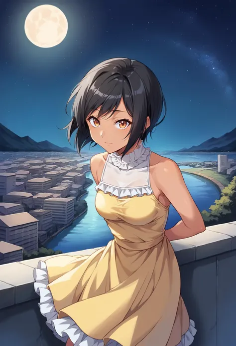 score_9, score_8_up, score_7_up, source_anime, 1girl, solo, looking at viewer, pbNaomi, tan skin, black hair, sundress, yellow dress, frilled dress, sleeveless dress, bare shoulders, outdoors, rooftop, cityscape, building, balcony, arms behind back, leaning forward, wind, wind lift, scenery, night, starry sky, bridge, river, water, moon, city lights, light smile, closed mouth