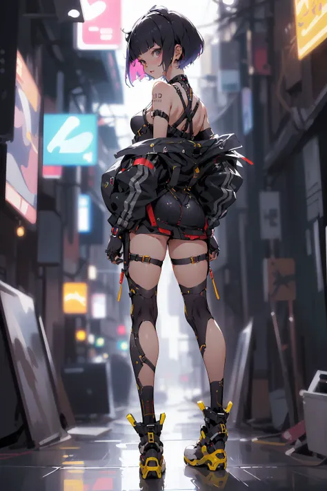 (masterpiece, best quality, high quality, highres, ultra-detailed), cyber sttyle girl, 1girl, solo, short hair, blurry background, <lora:cyber_style_girl_v1:0.8>,from behind, from below,full body,looking at viewer, back,bare shoulders,