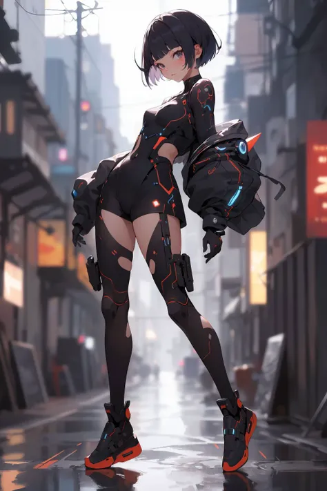 (masterpiece, best quality, high quality, highres, ultra-detailed), cyber sttyle girl, 1girl, solo, short hair, blurry background, <lora:cyber_style_girl_v1:0.5>,(front view:1.3),(bilaterally symmetrical:1.3),full body,body