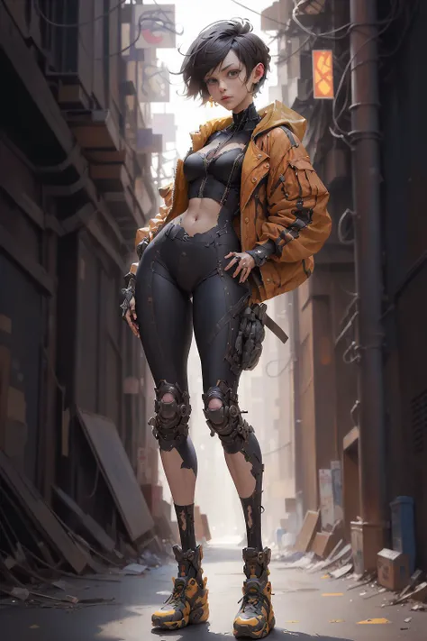 (masterpiece, best quality, high quality, highres, ultra-detailed), dynamic pose,full body, (art by Frans Francken the Younger:0.9), (art by Reginald Marsh:0.7), Color splash, behance, Pressured Steampunk ,cyber style girl, 1girl, short hair, solo, of Terror, Anthropologist, wearing Plants, Clear skies, Sun Rays, <lora:cyber_style_girl_v1:0.8>
