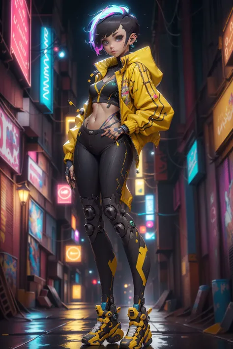 (masterpiece, best quality, high quality, highres, ultra-detailed), dynamic pose,full body, mundane Renderman, Tropical Puerto Rican ,cyber style girl, 1girl, short hair, solo, Oracle, wearing Energizing Plastic Harrington jacket, Hopeful, volumetric lighting, (art by Alberto Dros:1.2), <lora:cyber_style_girl_v1:0.8>