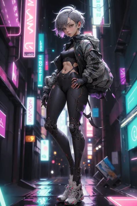 (masterpiece, best quality, high quality, highres, ultra-detailed), dynamic pose,full body, Pastels artwork, extreme wide shot of a Skilled  ,cyber style girl, 1girl, short hair, solo, >*, Knight, from inside of a Ghostly Pedestrian tunnel, Illustration, Proud, Dragonpunk, Motion blur, Single Color, <lora:cyber_style_girl_v1:0.8>