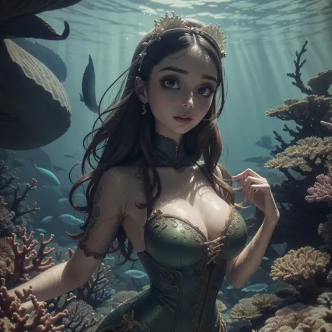 25 years old emily, Apple-shaped body, (nsfw:0.9), posing, wearing dark Olive brocade retro outfit, (bokeh effect:1.2). underwater coral reef, vibrant, aquatic, and teeming with marine life . <lora:nsfw0.3.6:0.2> OverallDetail <lora:EmilyTheCorpseBride 40:0.2>