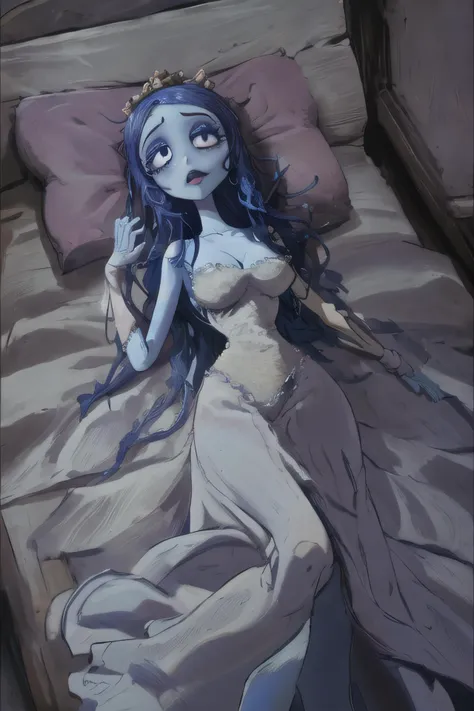 <lora:EmilyTheCorpseBride 40:0.7><lora:cartoon_fanart_style:0.3>cartoon fanart style, corpse bride, birds eye view, full body woman big eyes full lips sleeping on a bed, lying, blue skin, skinny, emily, (masterpiece, best quality:1.3)