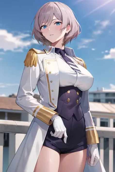 ((masterpiece, best quality)), very detailed,detailed fingers,detailed hands,<lora:mujina001-10:0.8>,large_breasts, ,standing,blush,outdoors,1girl,bangs, mujina, ssss dynazenon, blue_eyes,blue sky,clound, ((((upper body)))),boots, breasts, coat,gloves, high_heel_boots, high_heels, looking_at_viewer, shorts, white_footwear, white_gloves,white_jacket, necktie, long_sleeves,uniform, military_uniform