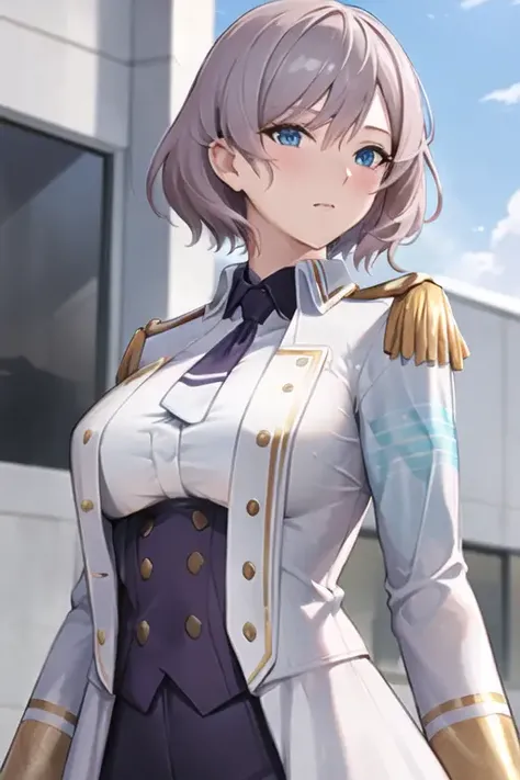 ((masterpiece, best quality)), very detailed,detailed fingers,detailed hands,<lora:mujina001-10:0.8>,large_breasts, ,standing,blush,outdoors,1girl,bangs, mujina, ssss dynazenon, blue_eyes,blue sky,clound, ((((upper body)))),boots, breasts, coat,gloves, high_heel_boots, high_heels, looking_at_viewer, shorts, white_footwear, white_gloves,white_jacket, necktie, long_sleeves,uniform, military_uniform