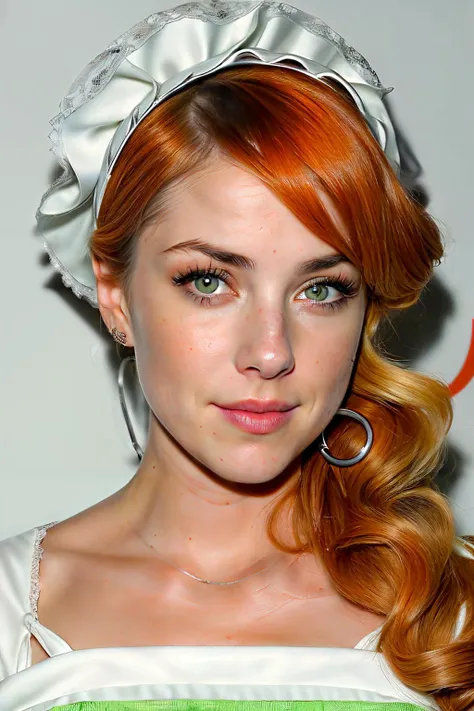 a photo of stacya1 wearing a milk maid dress, (light green milk maid dress), (upright pin curl hairstyle), (orange hair), elegant, highly detailed. vibrant, photorealistic, realistic, sharp focus, 8k
