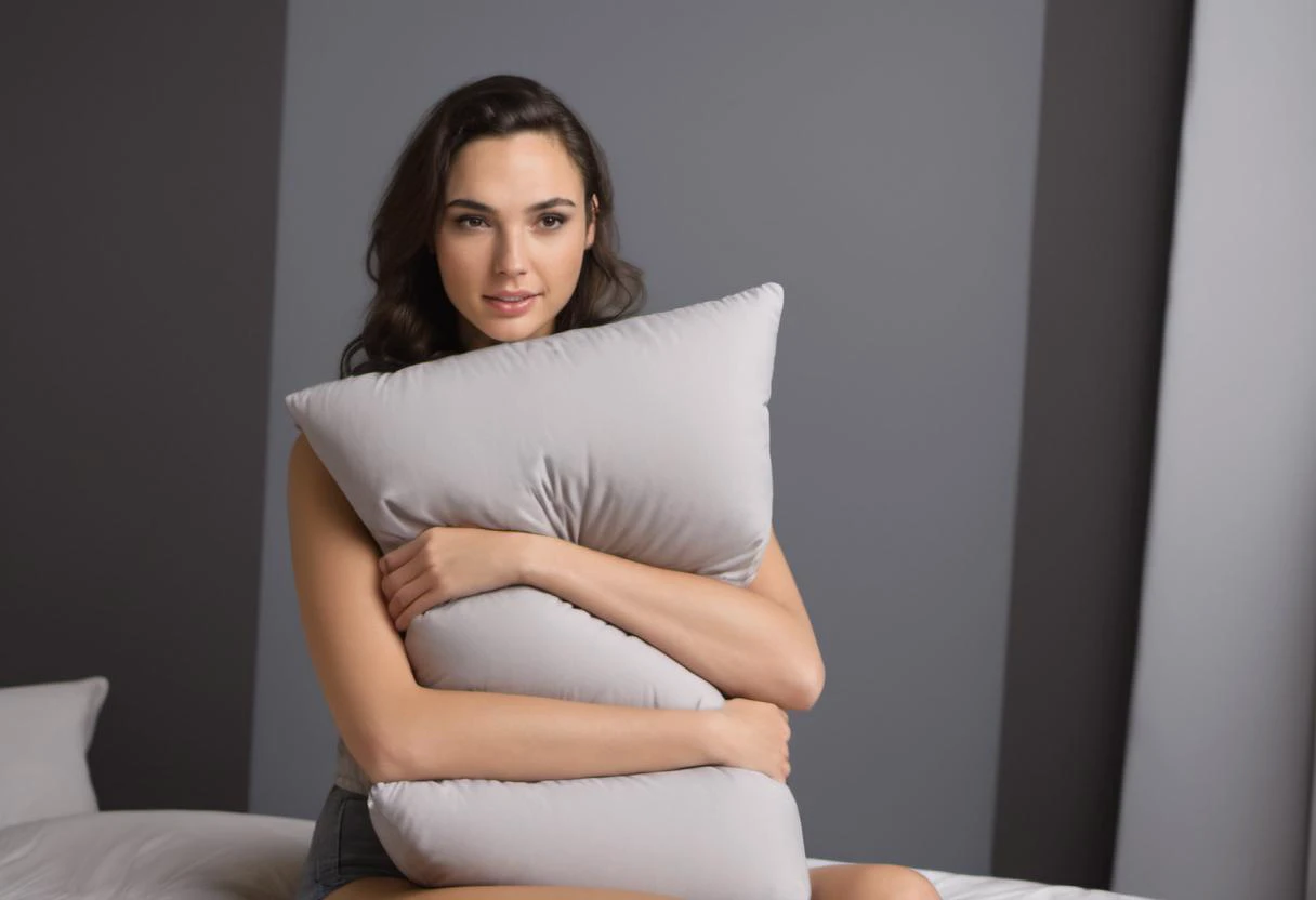 8k, high quality, professional, (digital art style), (sexy 24 year old woman sitting in bed, holding a large down pillow) high quality, film grain, gaussian blur, sexy,, (wearing tight shirt), full body,<lora:GalGadotSDXL:1.2> GalGadot <lora:PillowHugXL:0.75> pillowhugxl,