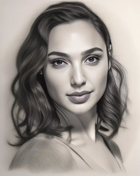A delicate, watercolor paint picture portrays, a nude beautiful Natalie Portman look, medium breasts, standing bare feet without background, her features rendered in subtle shading and precise lines. The framing is tight, focusing attention on the subject's serene face. Soft, feathery strokes convey the gentle texture of her hair,