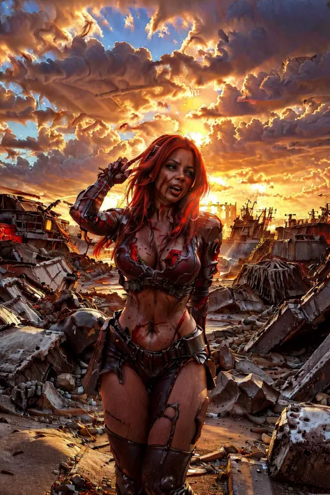 half body, ((apocalyptic)), action photo of a red head woman attacked, punk, next to ruins, blood, nsfw, detailed face, eyes, clothed mouth, corrupted clothes, (masterpiece:1.3), (best_quality:1.3), (ultra_detailed:1.3), 8k, extremely_clear, realism, (ultrarealistic:1.3) <lora:Valencia_v1.1:0.3> <lora:EdobCar_v1.0:0.3> <lora:Hell2_v1.0:0.3> <lora:SyFyEye1_v1.0:0.3> <lora:MercedesBlanche_v1.0:0.8>