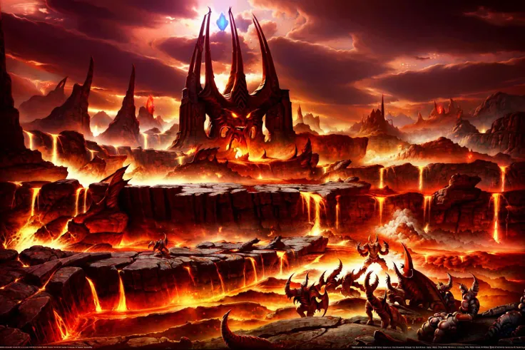 Scene concept, lava field, 3D rendering, ultra-clear details, masterpiece, high quality, molten rock, scenery, fire, glowing, skull, no humans, rock, ruins, horns, glowing eyes<lora:ç岩ä¹å°:0.8>
