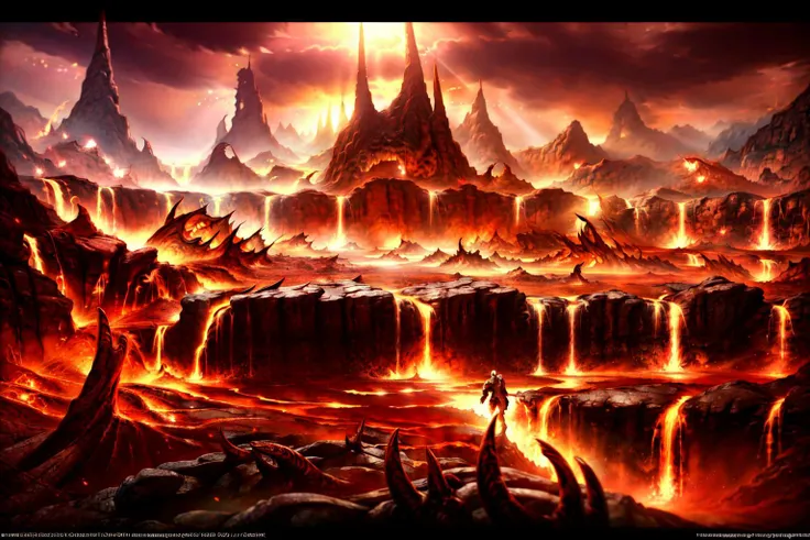 hell landscape (((masterpiece))), ((best quality)), realistic, 8k, ultra-detailed, realistic, scenery, ConceptArt, Highly detailed RAW color Photo, side Angle, (lens flare:0.7), particle effects, raytracing, cinematic lighting, shallow depth of field, photographed on a Sony Alpha 1, 50mm wide angle lens, sharp focus, cinematic film still, dynamic pose<lora:Hell2_v1.0:1>
